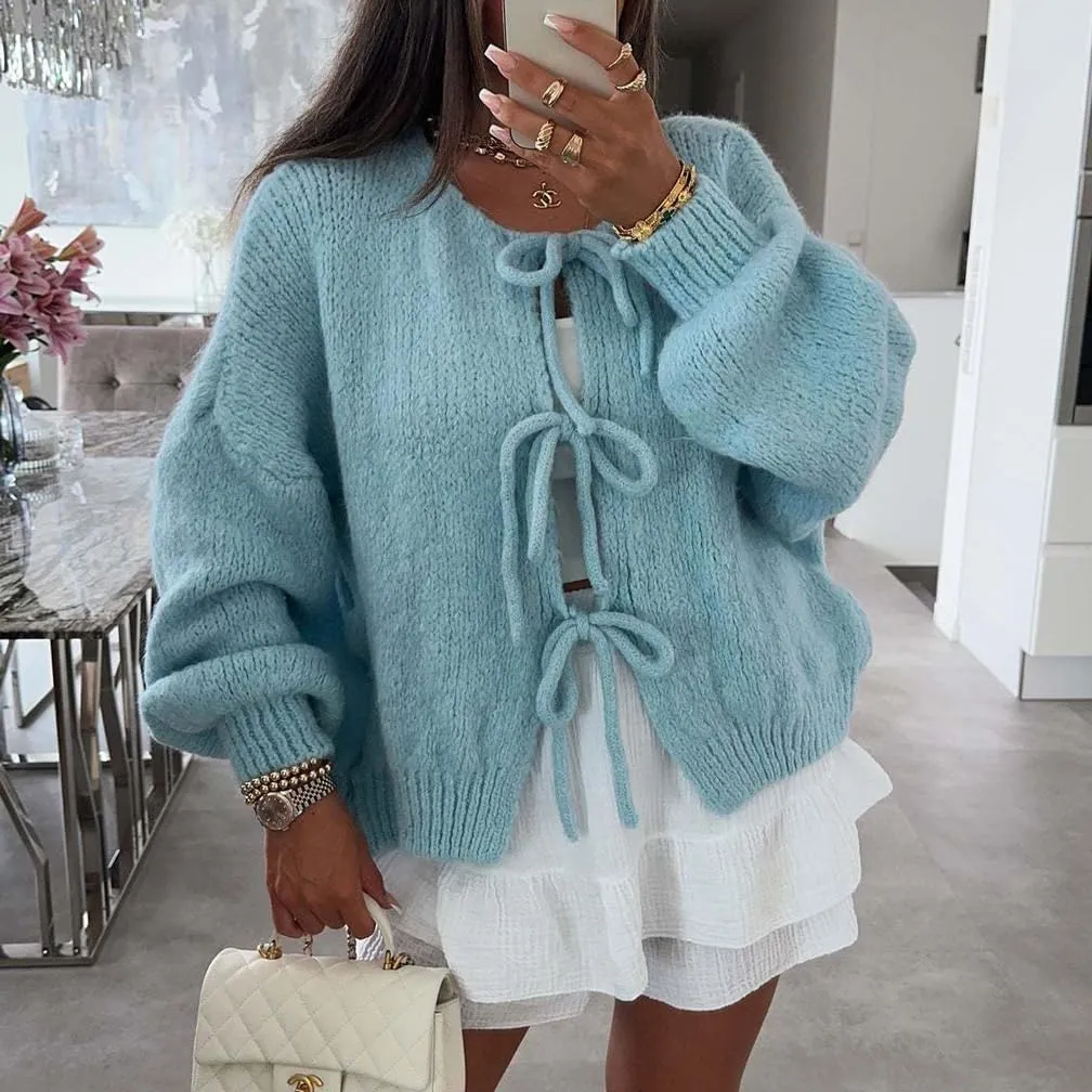 Women Casual Bow Tie Front Cardigan Sweater Solid Crew Neck Long Sleeve Self Tie Open Front Knit Sweater Top Fall