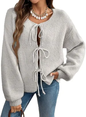 Women Casual Bow Tie Front Cardigan Sweater Solid Crew Neck Long Sleeve Self Tie Open Front Knit Sweater Top Fall