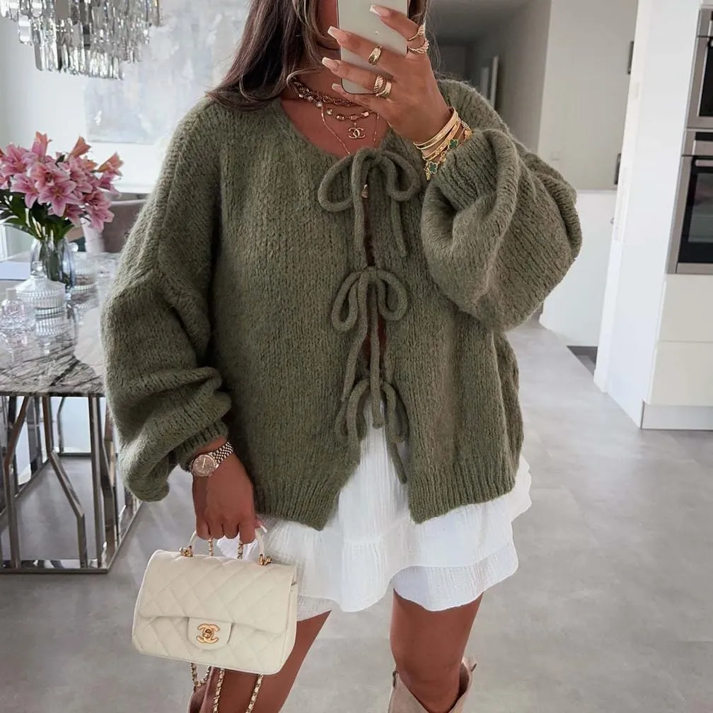 Women Casual Bow Tie Front Cardigan Sweater Solid Crew Neck Long Sleeve Self Tie Open Front Knit Sweater Top Fall