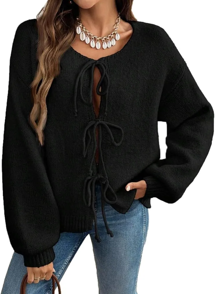 Women Casual Bow Tie Front Cardigan Sweater Solid Crew Neck Long Sleeve Self Tie Open Front Knit Sweater Top Fall