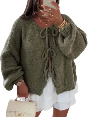 Women Casual Bow Tie Front Cardigan Sweater Solid Crew Neck Long Sleeve Self Tie Open Front Knit Sweater Top Fall