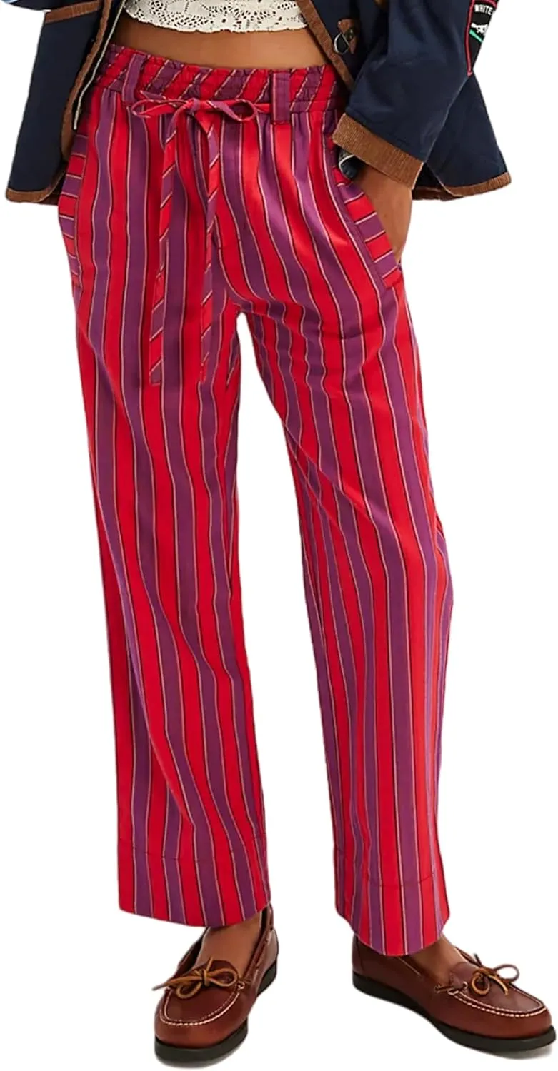 Women Casual Drawstring Elastic Waist Loose Wide Leg Striped Pants with Pockets