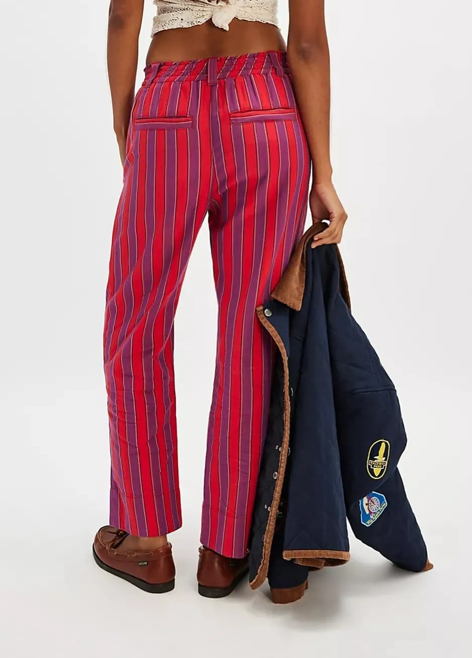 Women Casual Drawstring Elastic Waist Loose Wide Leg Striped Pants with Pockets