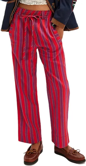 Women Casual Drawstring Elastic Waist Loose Wide Leg Striped Pants with Pockets