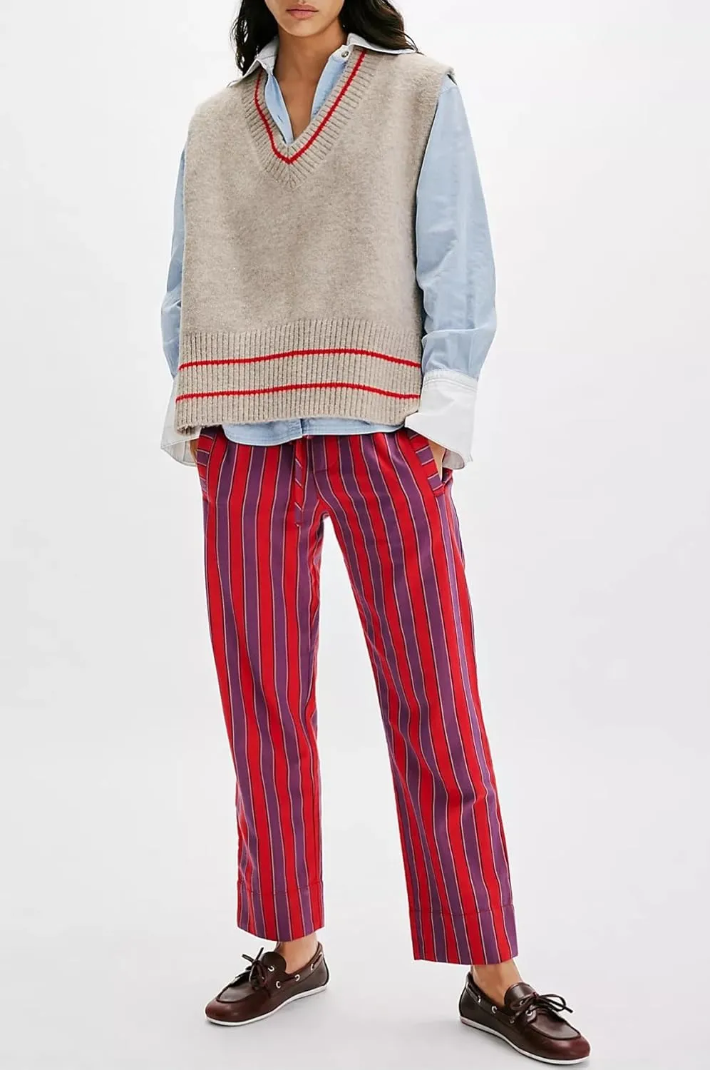 Women Casual Drawstring Elastic Waist Loose Wide Leg Striped Pants with Pockets