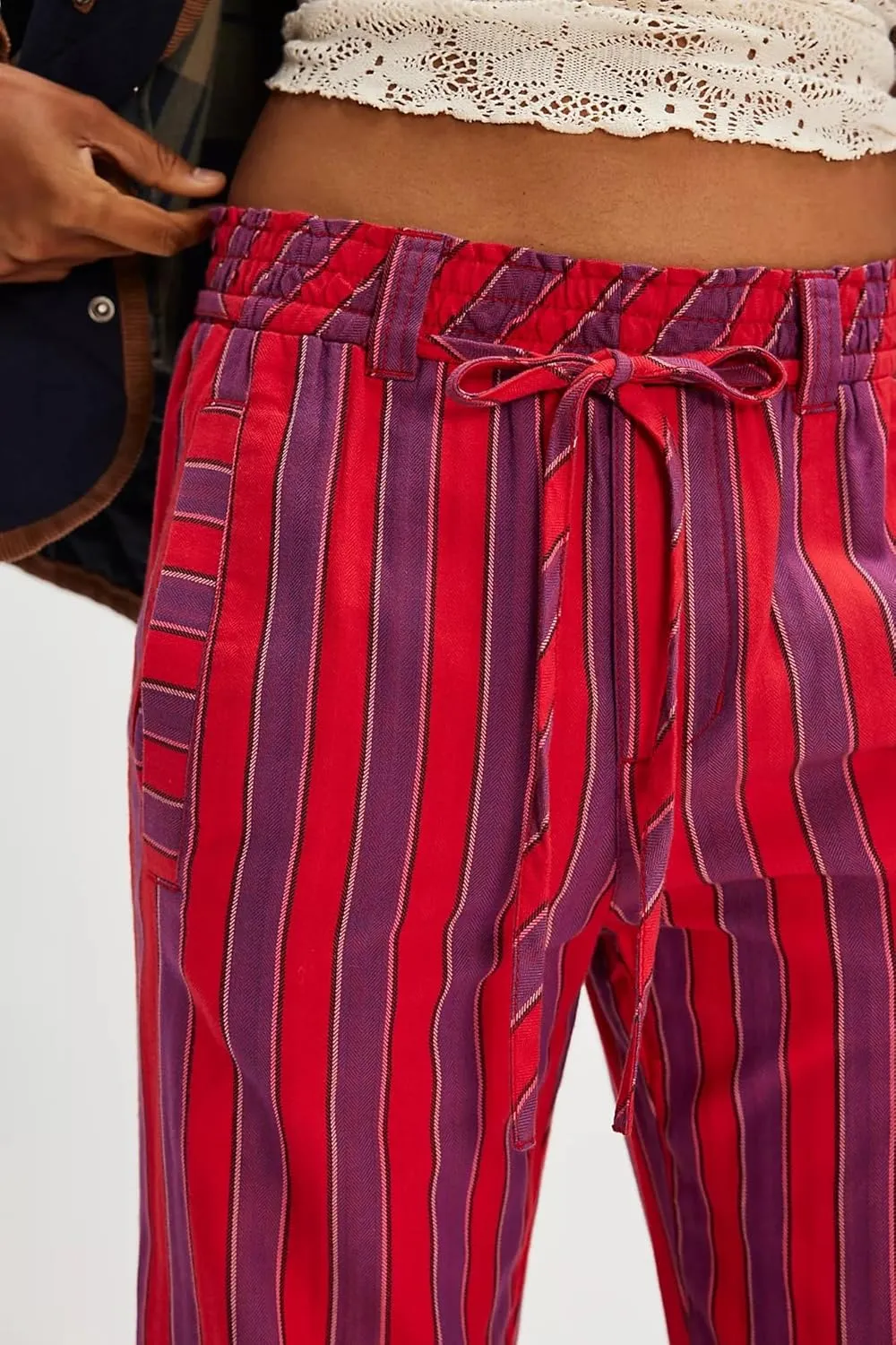 Women Casual Drawstring Elastic Waist Loose Wide Leg Striped Pants with Pockets