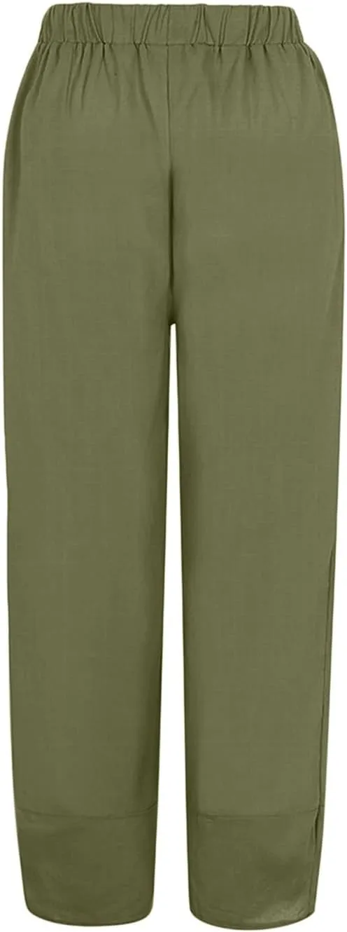 Women Cotton Linen Summer Comfy Palazzo Pants High Waist Wide Leg Loose Fit Palazzo Pants Beach