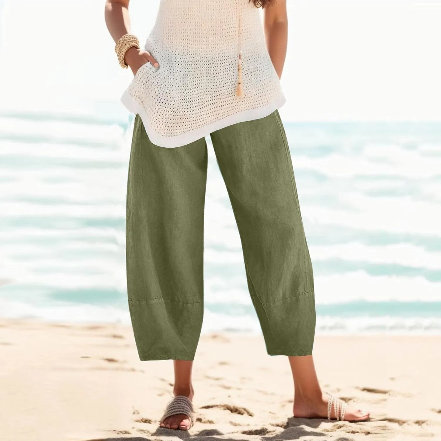 Women Cotton Linen Summer Comfy Palazzo Pants High Waist Wide Leg Loose Fit Palazzo Pants Beach