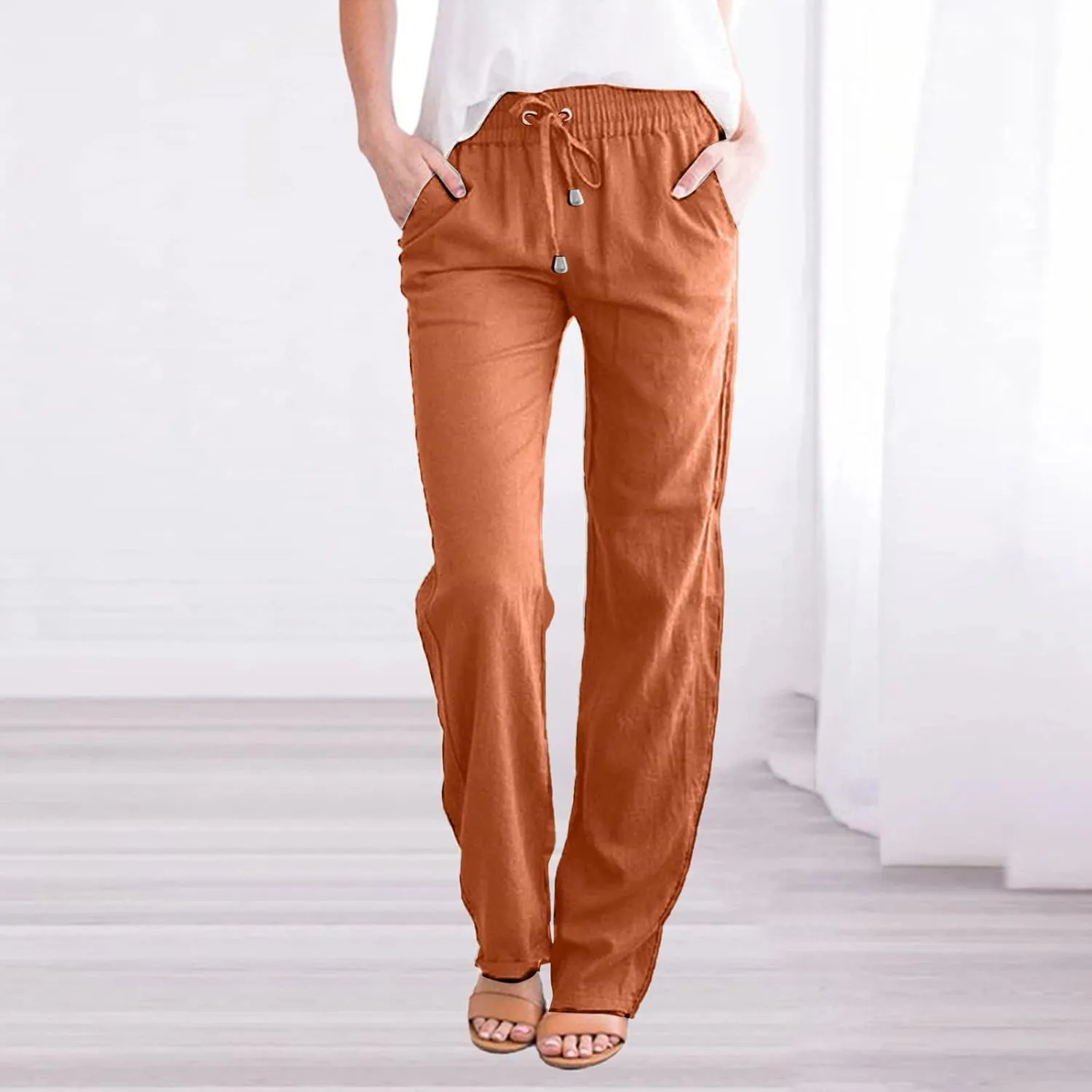 Women Cotton Linen Summer Fashion Pants Elastic Waist Wide Leg Loose Fit Palazzo Pants Beach