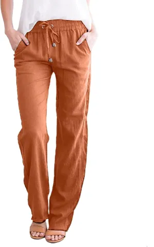 Women Cotton Linen Summer Fashion Pants Elastic Waist Wide Leg Loose Fit Palazzo Pants Beach