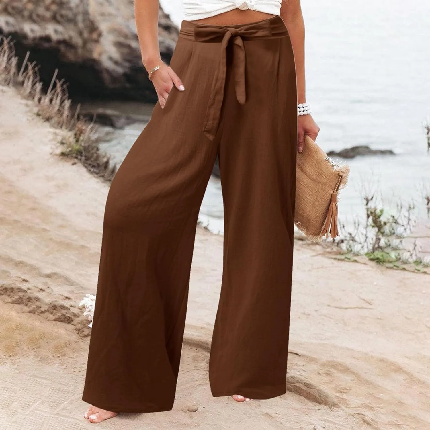 Women Cotton Linen Summer Flowy Pants Elastic Waist Wide Leg Slim-Fit Pants Office