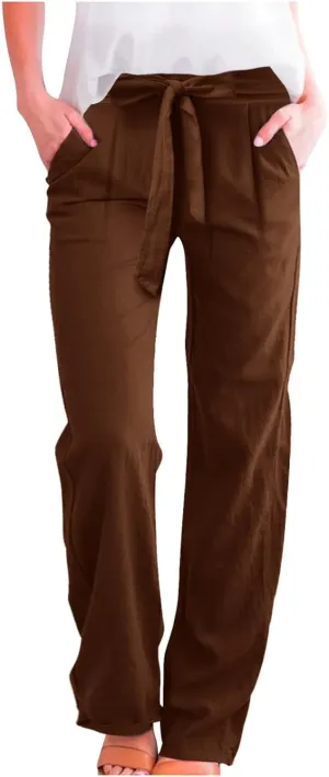 Women Cotton Linen Summer Flowy Pants Elastic Waist Wide Leg Slim-Fit Pants Office