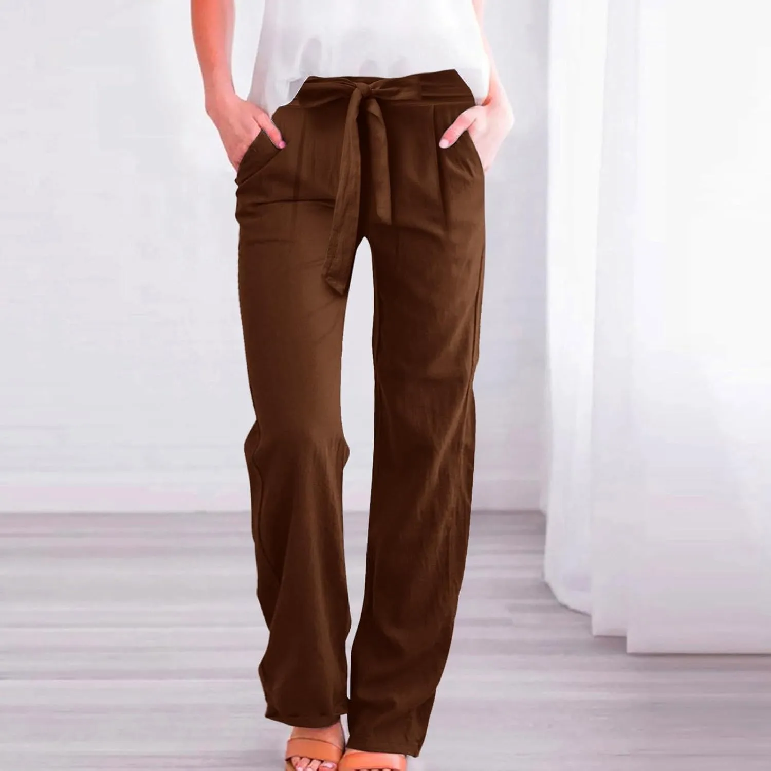 Women Cotton Linen Summer Flowy Pants Elastic Waist Wide Leg Slim-Fit Pants Office