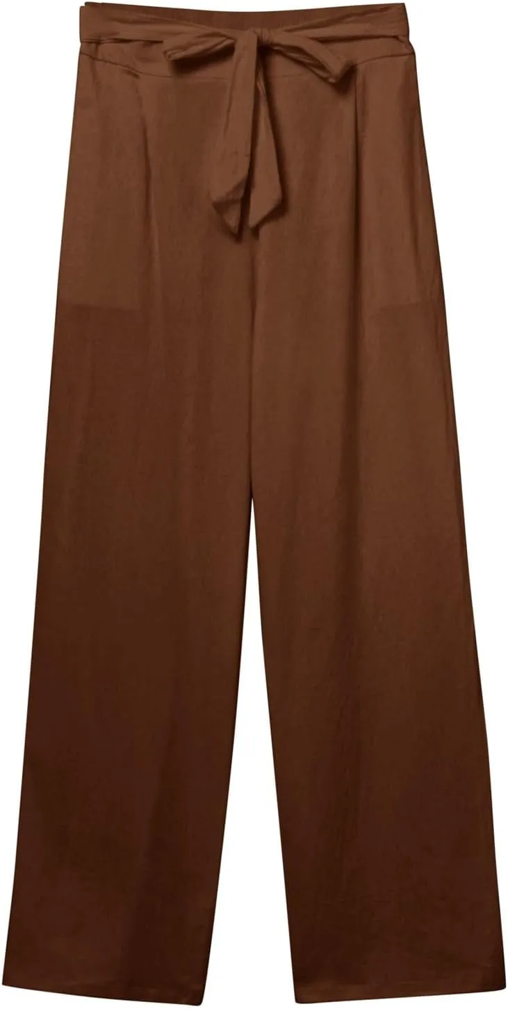 Women Cotton Linen Summer Flowy Pants Elastic Waist Wide Leg Slim-Fit Pants Office