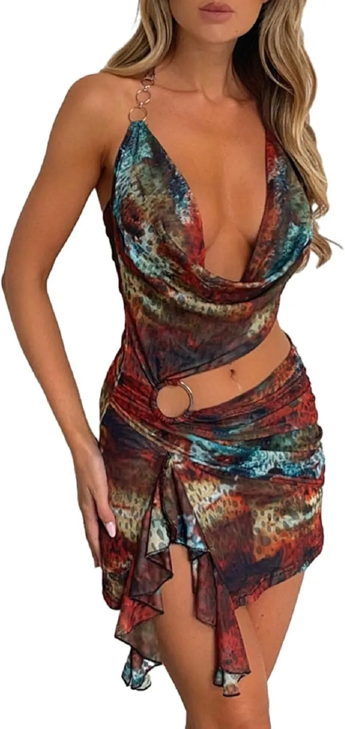 Women Cowl Neck Halter Mini Dress Sleeveless Open Back Bodycon Short Dress Y2K Floral Mesh Going Out Dresses