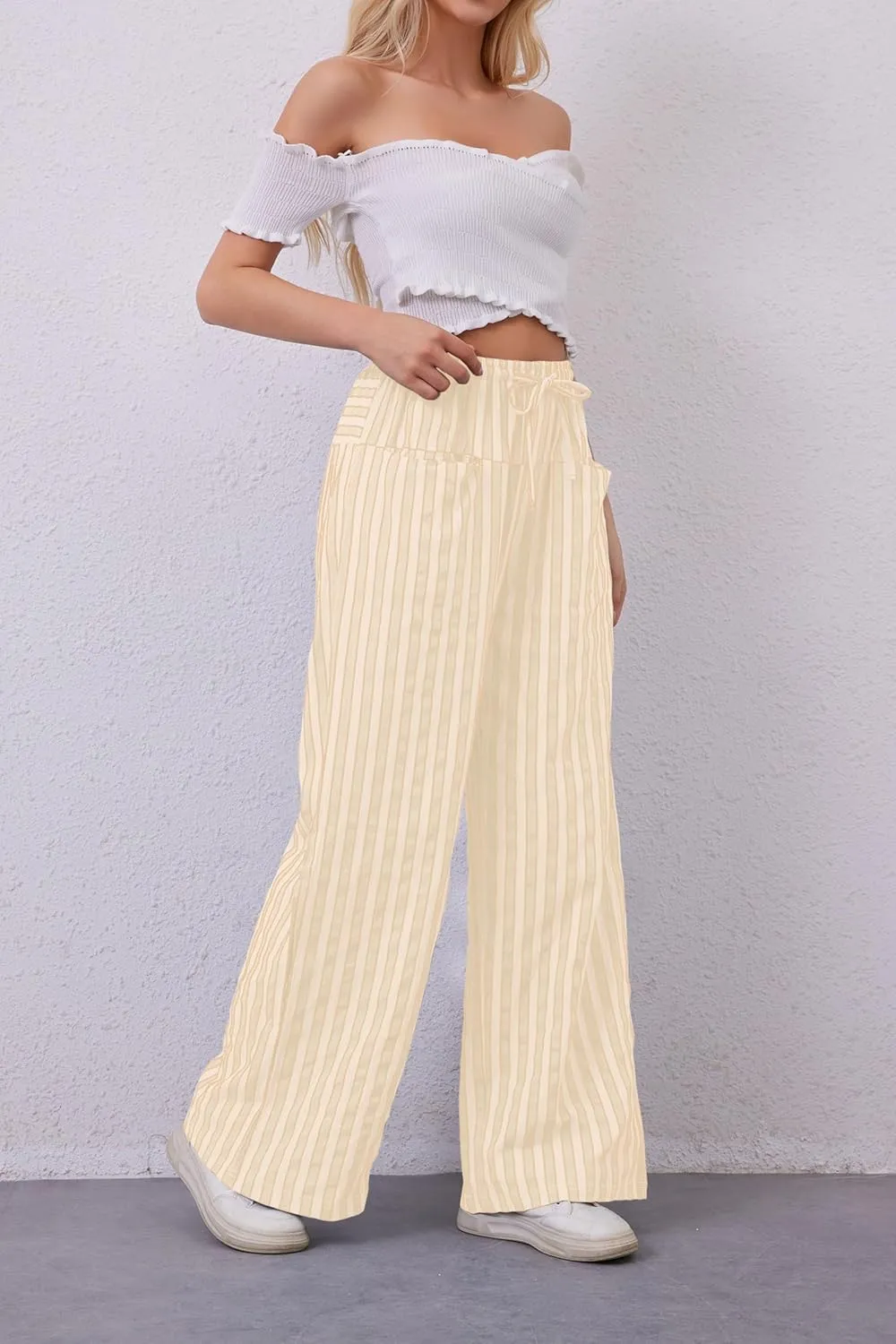 Women Drawstring Stripe Wide Leg Casual Trousers Striped Low Rise Casual Loose Lounge Pants with Pockets