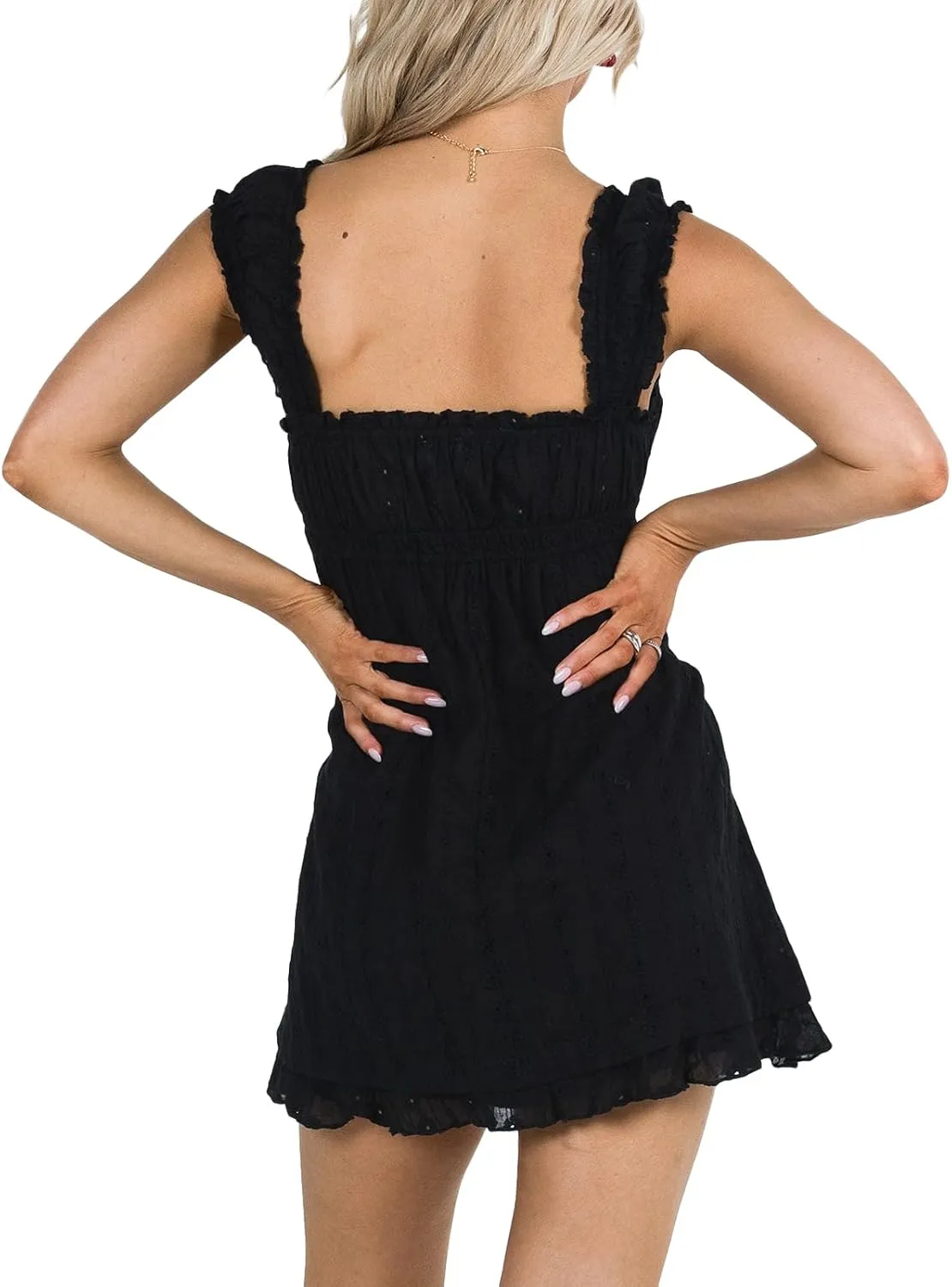 Women Floral Embroidery Mini Dress Sleeveless Ruffle Straps Flowy Sundress Solid Ruched High Waist A-line Dresses