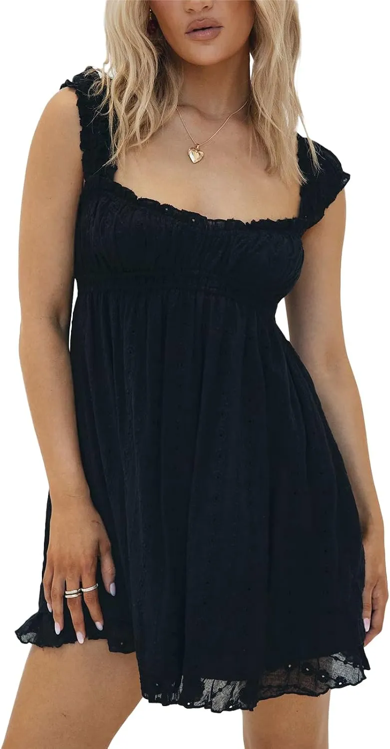 Women Floral Embroidery Mini Dress Sleeveless Ruffle Straps Flowy Sundress Solid Ruched High Waist A-line Dresses