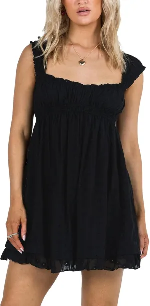 Women Floral Embroidery Mini Dress Sleeveless Ruffle Straps Flowy Sundress Solid Ruched High Waist A-line Dresses