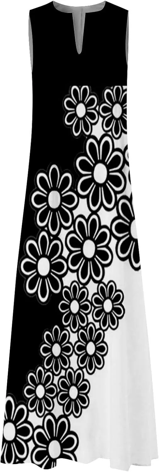 Women Floral Print Maxi Dresses Sleeveless V Neck Dress Casual Flowy Beach Long Sundress 2025 Summer Vacation Outfits