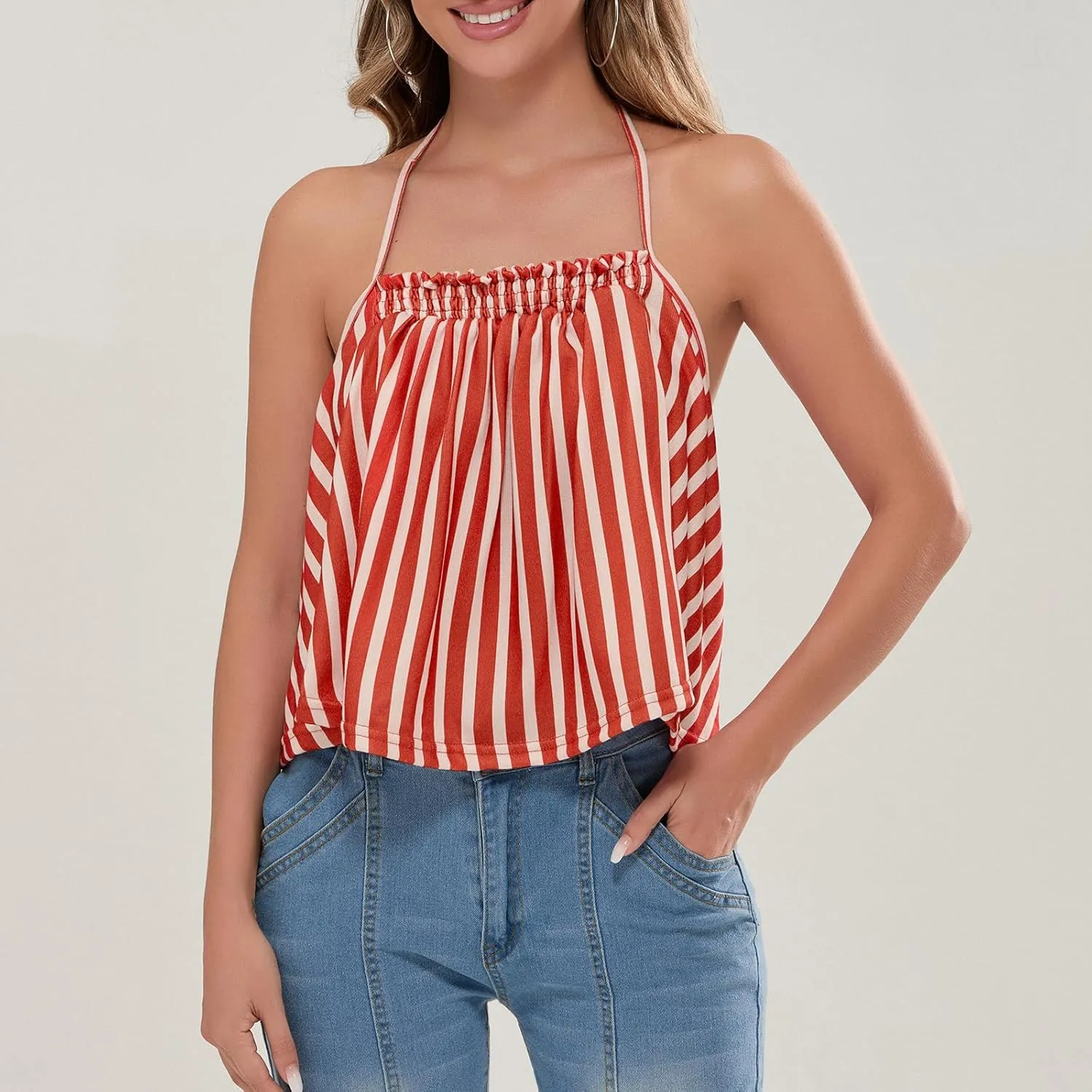 Women Halter Tank Top Peplum Camisole Striped Backless Sleeveless Ruffle Crop Top Pleated Flowy Y2k Cami Shirt