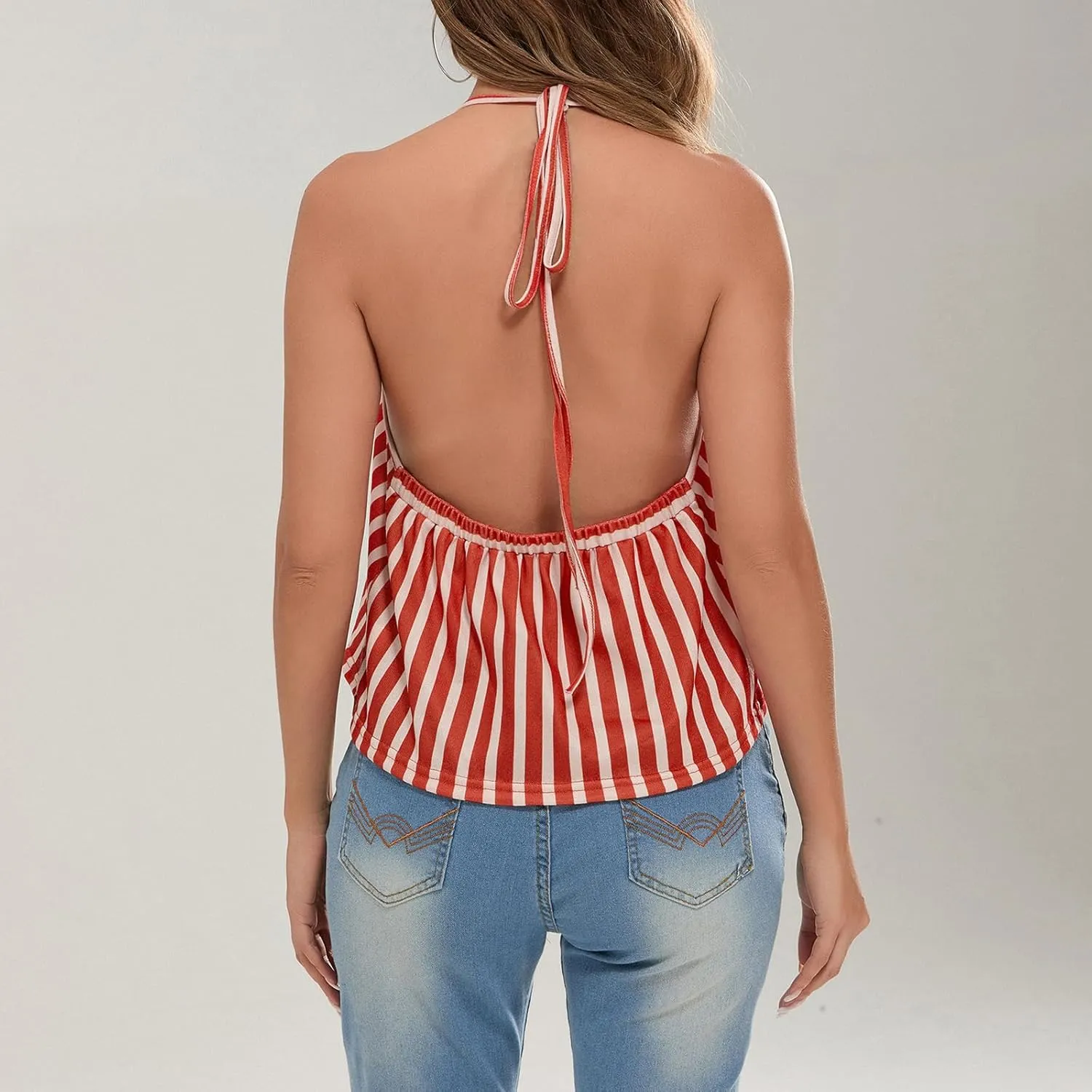 Women Halter Tank Top Peplum Camisole Striped Backless Sleeveless Ruffle Crop Top Pleated Flowy Y2k Cami Shirt