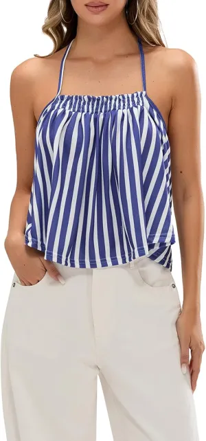Women Halter Tank Top Peplum Camisole Striped Backless Sleeveless Ruffle Crop Top Pleated Flowy Y2k Cami Shirt