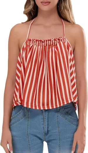 Women Halter Tank Top Peplum Camisole Striped Backless Sleeveless Ruffle Crop Top Pleated Flowy Y2k Cami Shirt