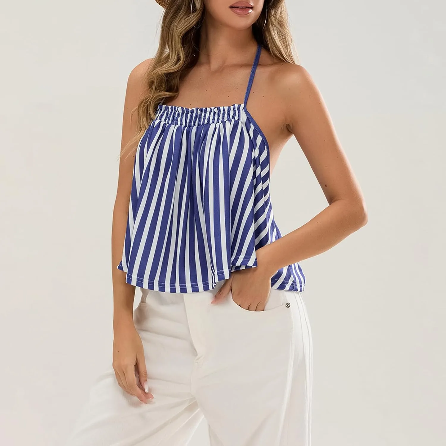 Women Halter Tank Top Peplum Camisole Striped Backless Sleeveless Ruffle Crop Top Pleated Flowy Y2k Cami Shirt