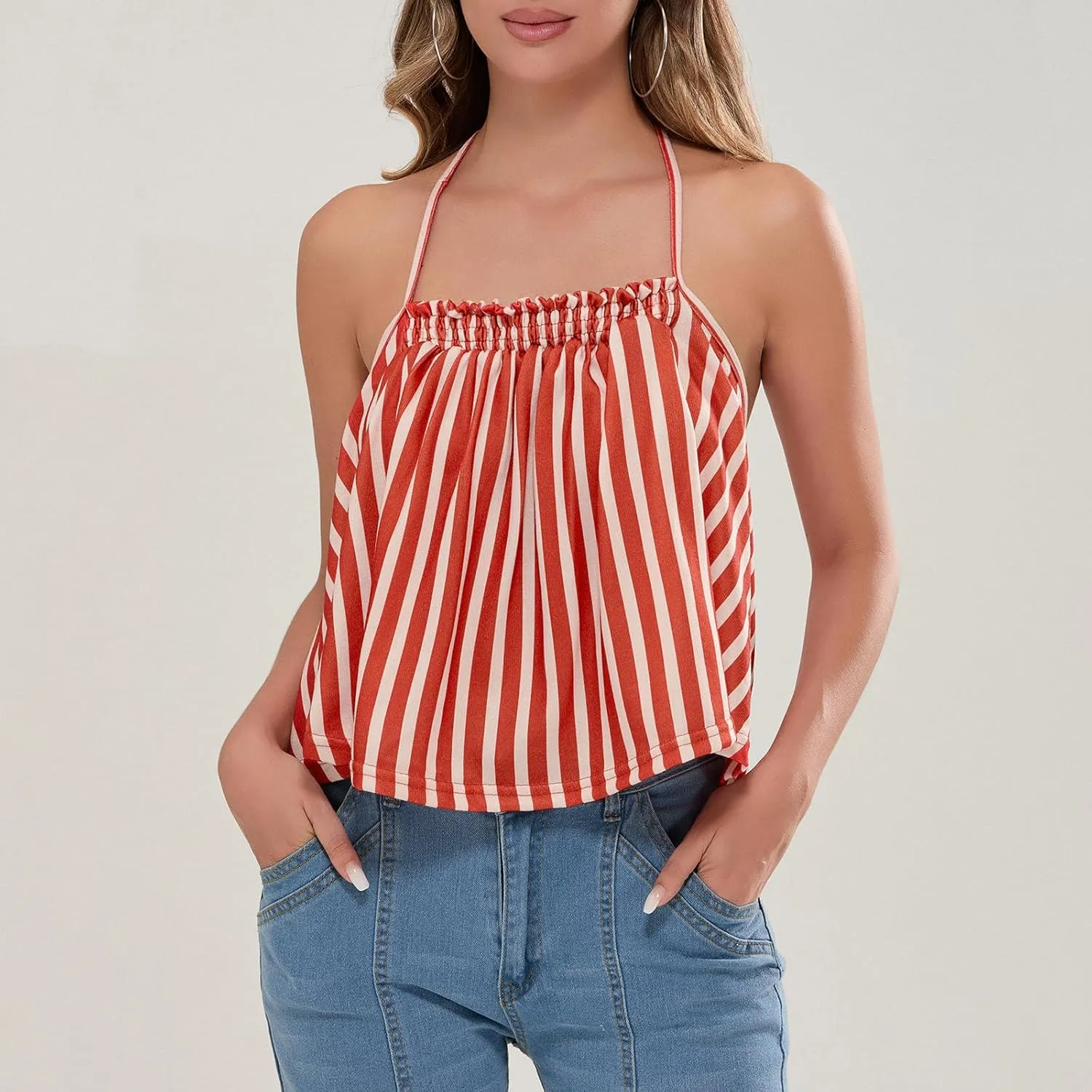 Women Halter Tank Top Peplum Camisole Striped Backless Sleeveless Ruffle Crop Top Pleated Flowy Y2k Cami Shirt