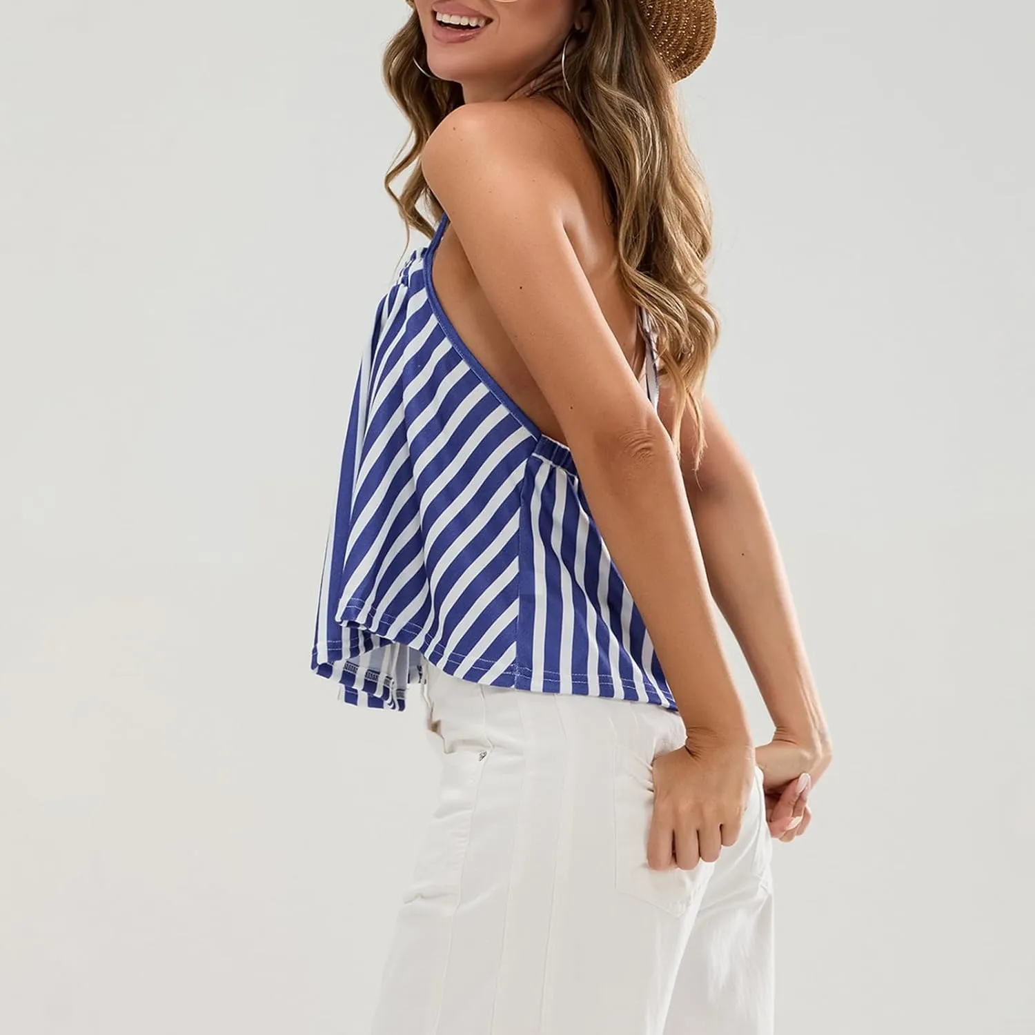 Women Halter Tank Top Peplum Camisole Striped Backless Sleeveless Ruffle Crop Top Pleated Flowy Y2k Cami Shirt