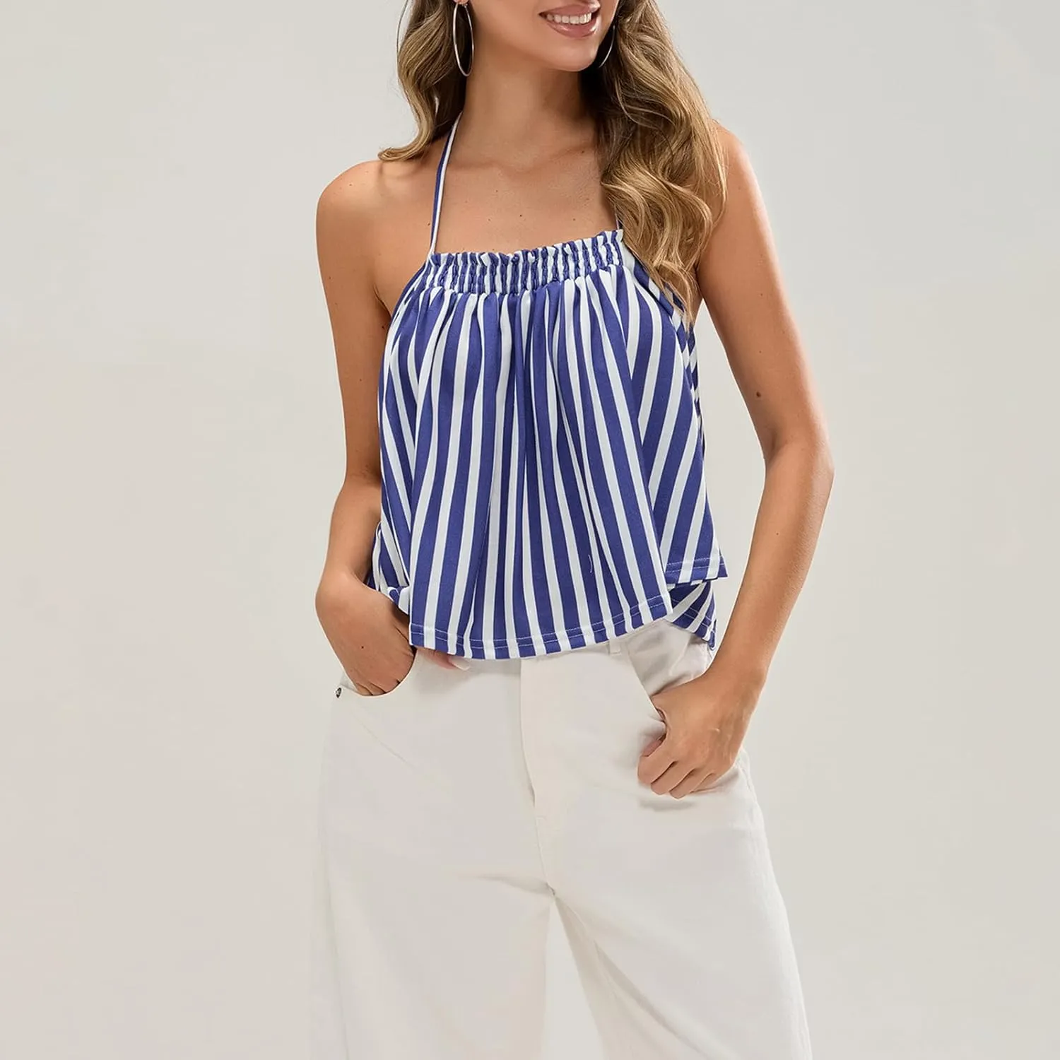 Women Halter Tank Top Peplum Camisole Striped Backless Sleeveless Ruffle Crop Top Pleated Flowy Y2k Cami Shirt