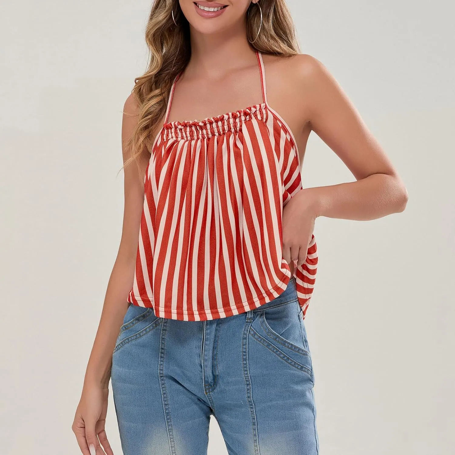 Women Halter Tank Top Peplum Camisole Striped Backless Sleeveless Ruffle Crop Top Pleated Flowy Y2k Cami Shirt