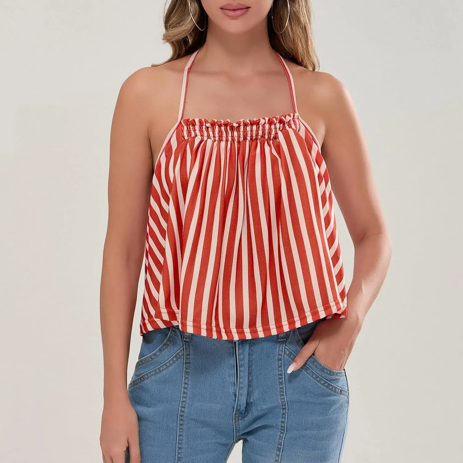Women Halter Tank Top Peplum Camisole Striped Backless Sleeveless Ruffle Crop Top Pleated Flowy Y2k Cami Shirt