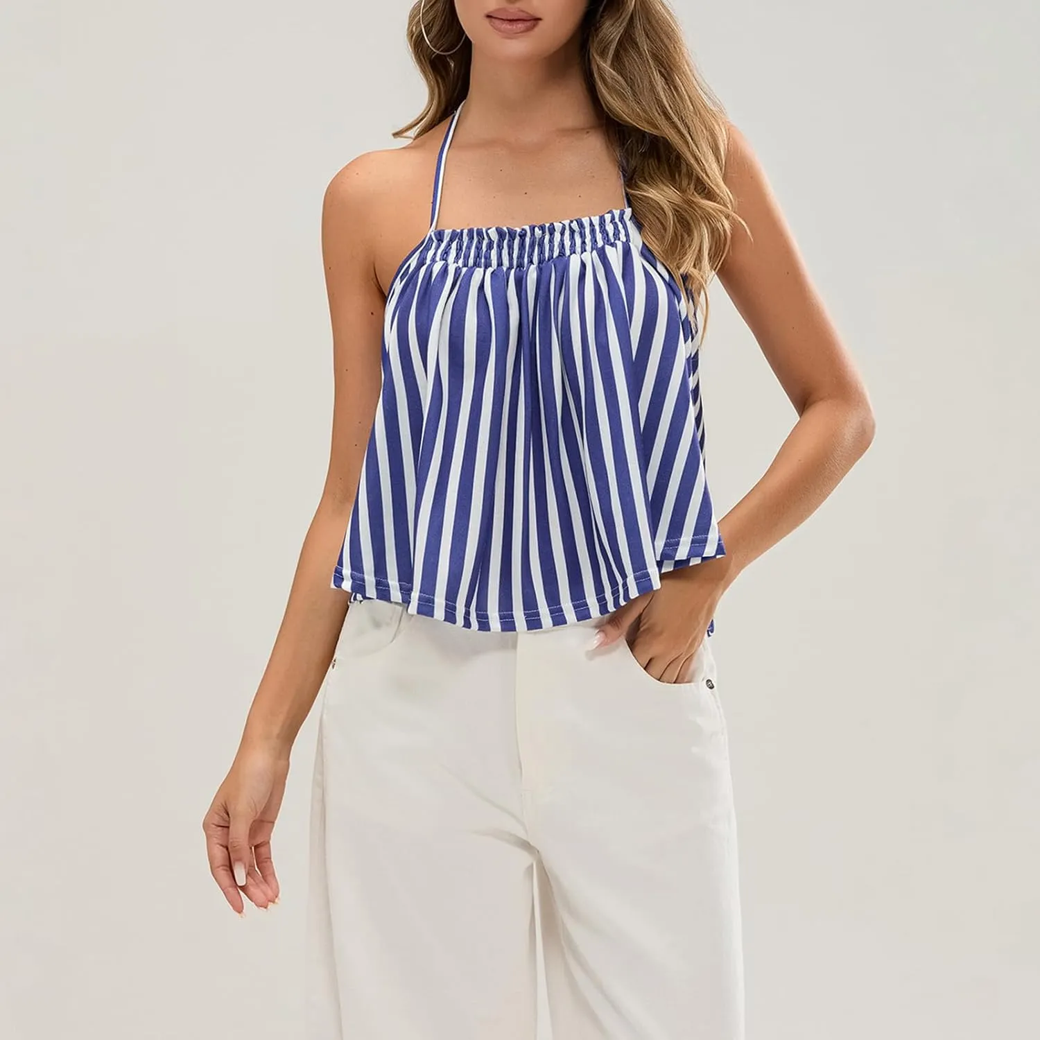 Women Halter Tank Top Peplum Camisole Striped Backless Sleeveless Ruffle Crop Top Pleated Flowy Y2k Cami Shirt