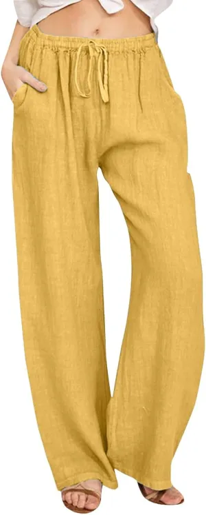 Women High Waisted Wide Leg Pants Fashion Drawstring Elastic Trousers Comfy Straight Leg Long Pants with Pockets