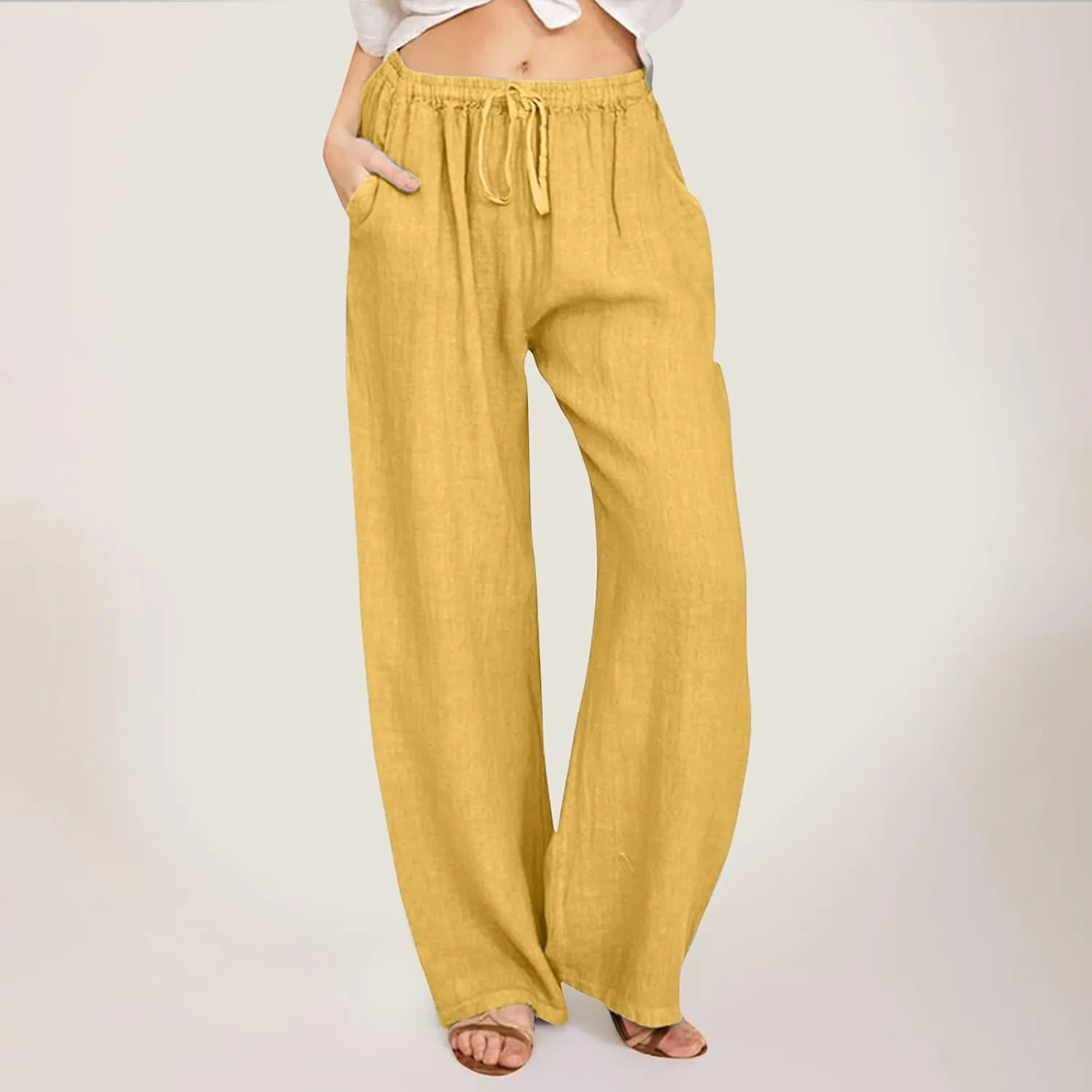 Women High Waisted Wide Leg Pants Fashion Drawstring Elastic Trousers Comfy Straight Leg Long Pants with Pockets