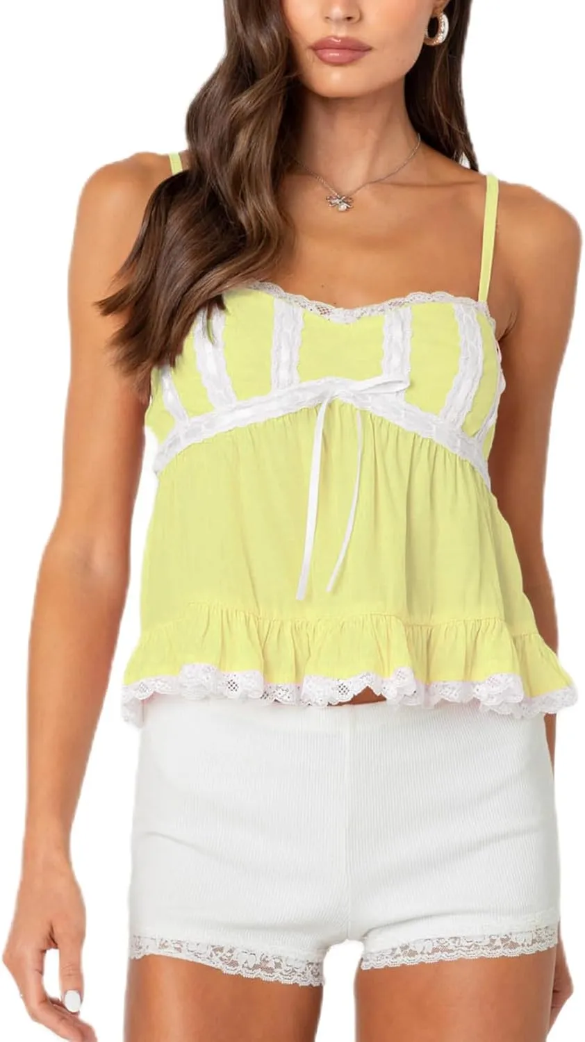 Women Lace Trim Cami Top Y2k Bow Ruffle Hem Peplum Sleeveless Crop Tank Top Cute Babydoll Camisole