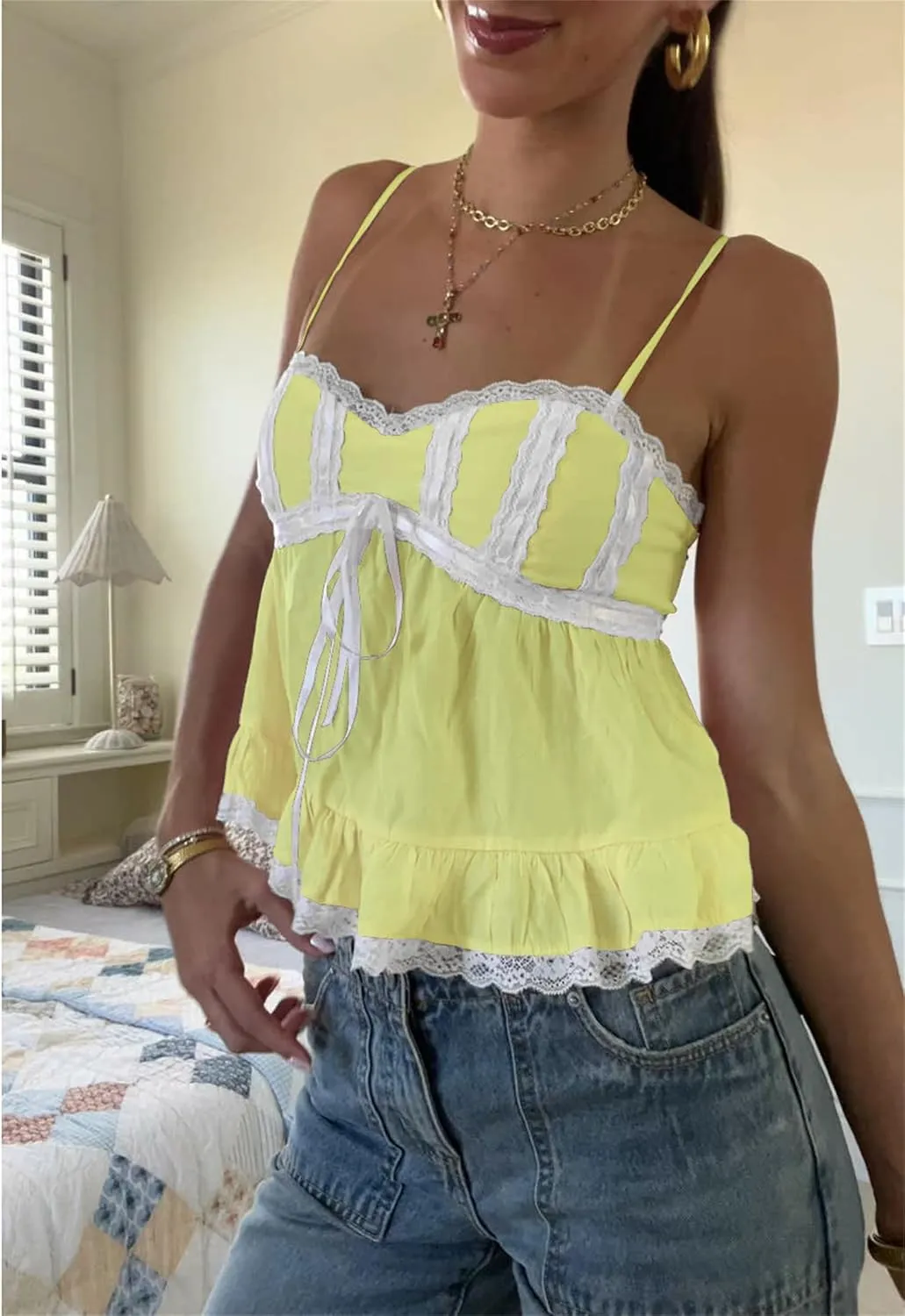 Women Lace Trim Cami Top Y2k Bow Ruffle Hem Peplum Sleeveless Crop Tank Top Cute Babydoll Camisole