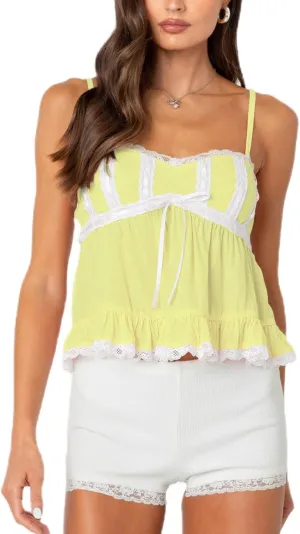 Women Lace Trim Cami Top Y2k Bow Ruffle Hem Peplum Sleeveless Crop Tank Top Cute Babydoll Camisole