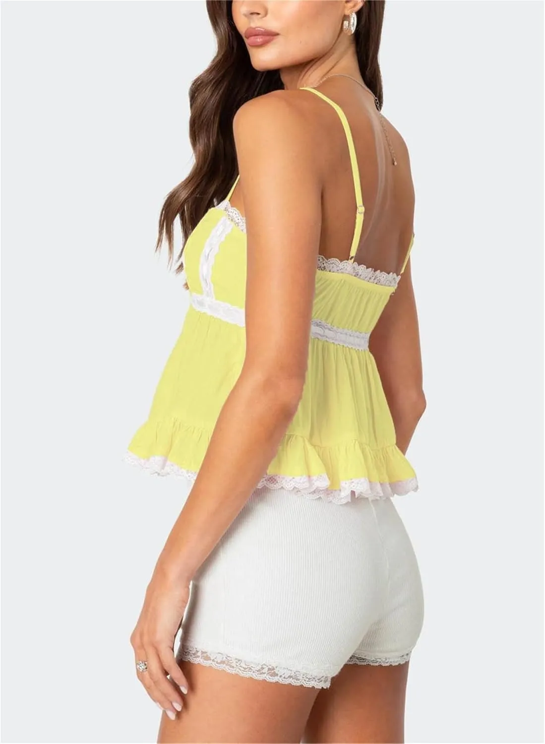 Women Lace Trim Cami Top Y2k Bow Ruffle Hem Peplum Sleeveless Crop Tank Top Cute Babydoll Camisole