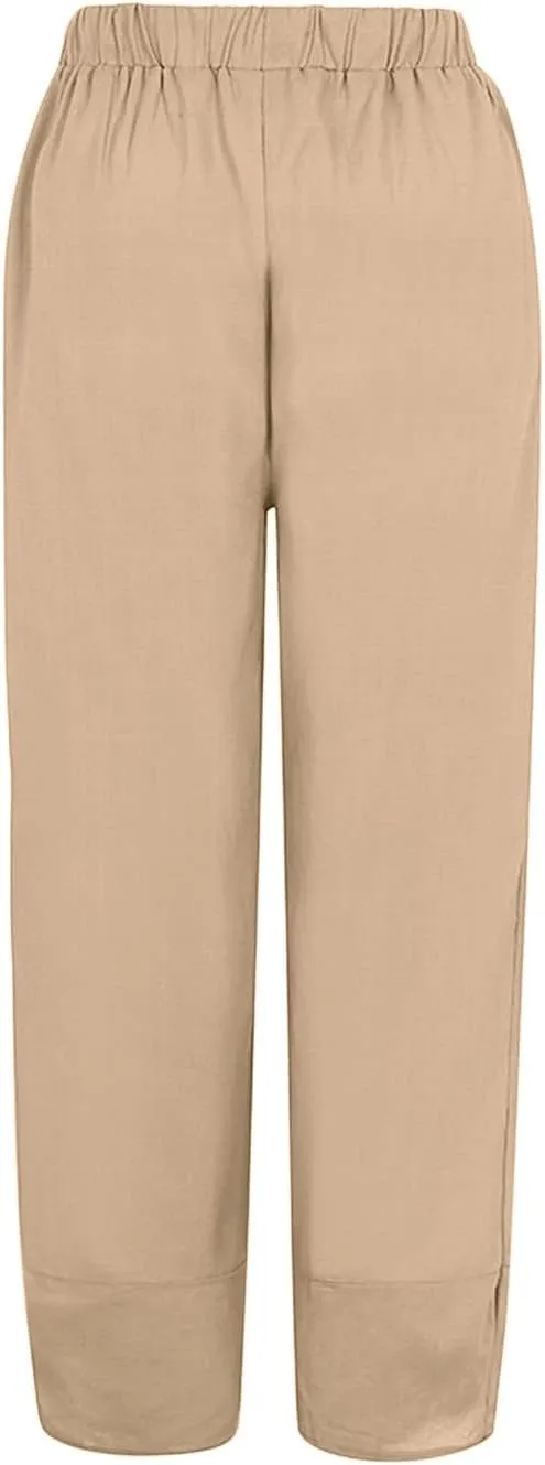 Women Linen Blend Summer Casual Palazzo Lounge Pants Elastic Waist Stretchy Slim Fit Palazzo Lounge Pants