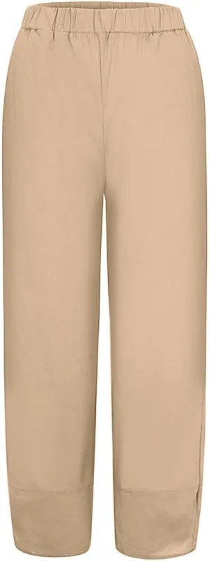 Women Linen Blend Summer Casual Palazzo Lounge Pants Elastic Waist Stretchy Slim Fit Palazzo Lounge Pants