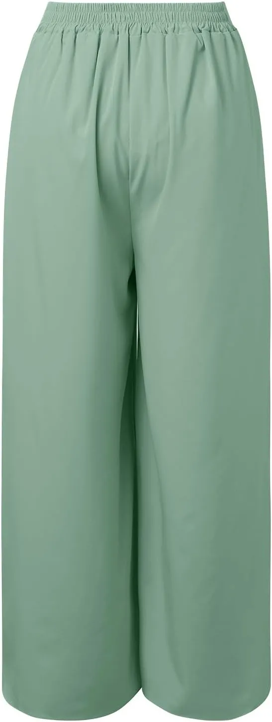 Women Linen Blend Summer Floral Palazzo Lounge Pants Elastic Waist Long Lounge Plus Size Trouser Work Business