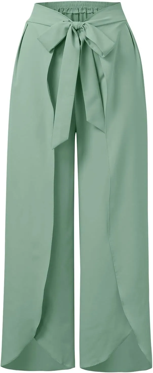 Women Linen Blend Summer Floral Palazzo Lounge Pants Elastic Waist Long Lounge Plus Size Trouser Work Business