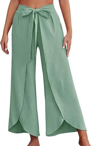 Women Linen Blend Summer Floral Palazzo Lounge Pants Elastic Waist Long Lounge Plus Size Trouser Work Business