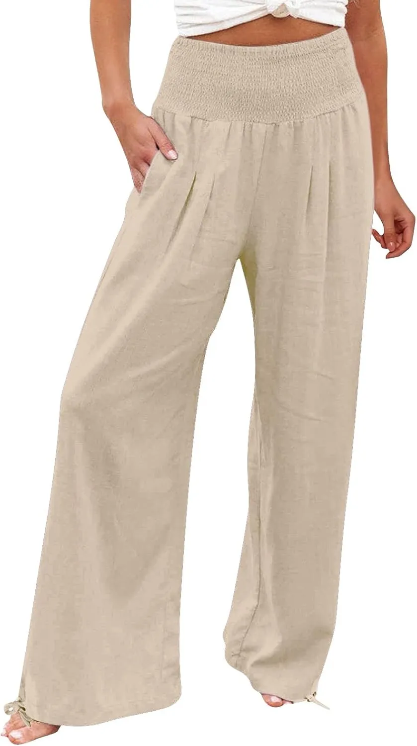 Women Linen Blend Summer Lightweigt Pant Trousers Elastic Waist Wide Leg Plus Size Pants Business Work