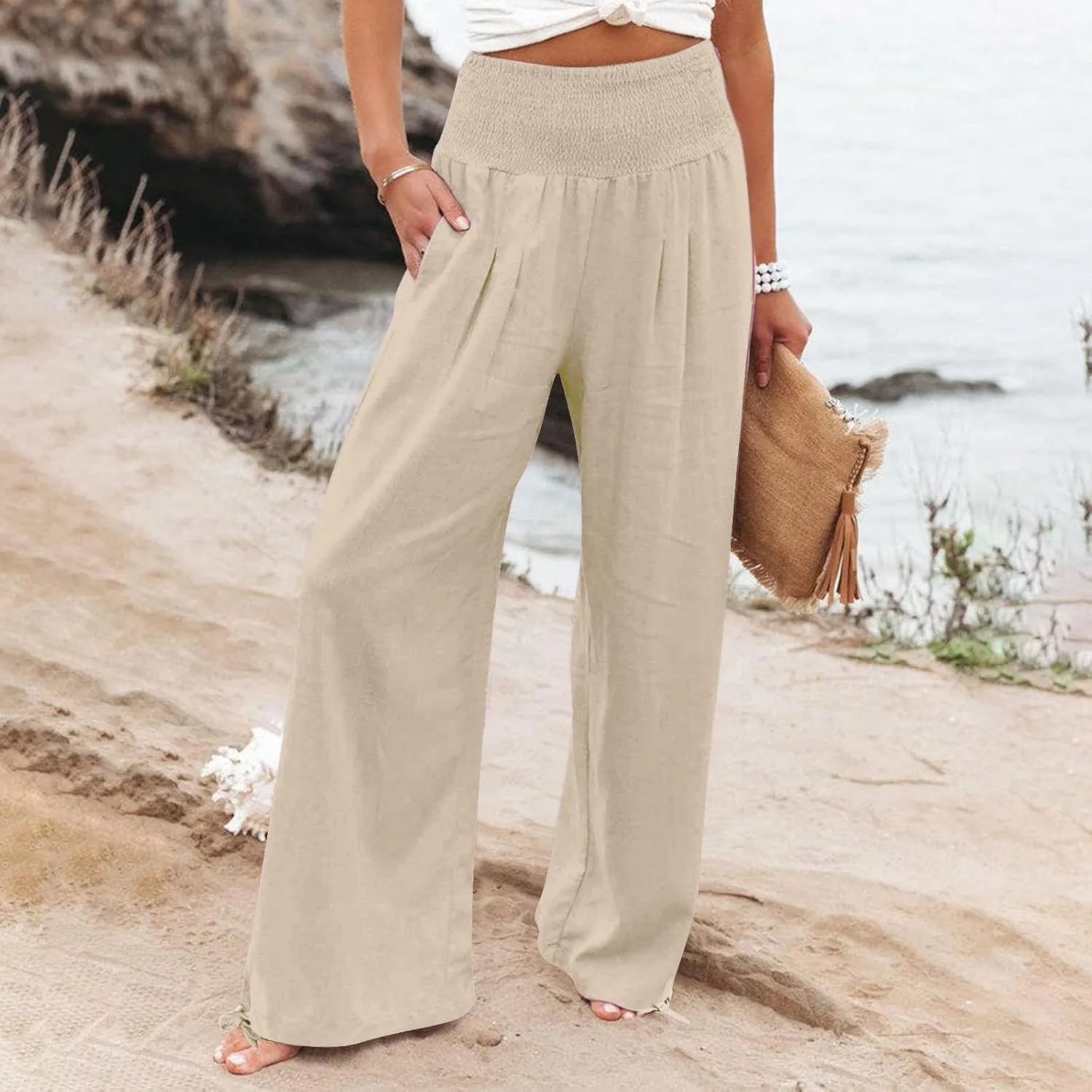 Women Linen Blend Summer Lightweigt Pant Trousers Elastic Waist Wide Leg Plus Size Pants Business Work