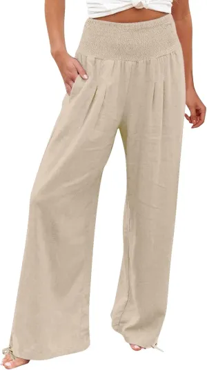 Women Linen Blend Summer Lightweigt Pant Trousers Elastic Waist Wide Leg Plus Size Pants Business Work