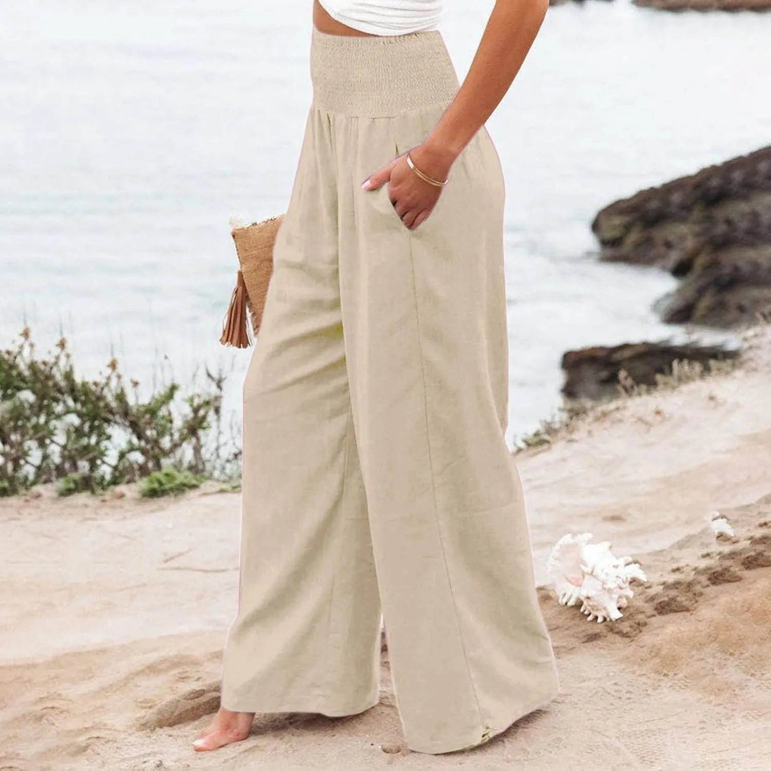 Women Linen Blend Summer Lightweigt Pant Trousers Elastic Waist Wide Leg Plus Size Pants Business Work